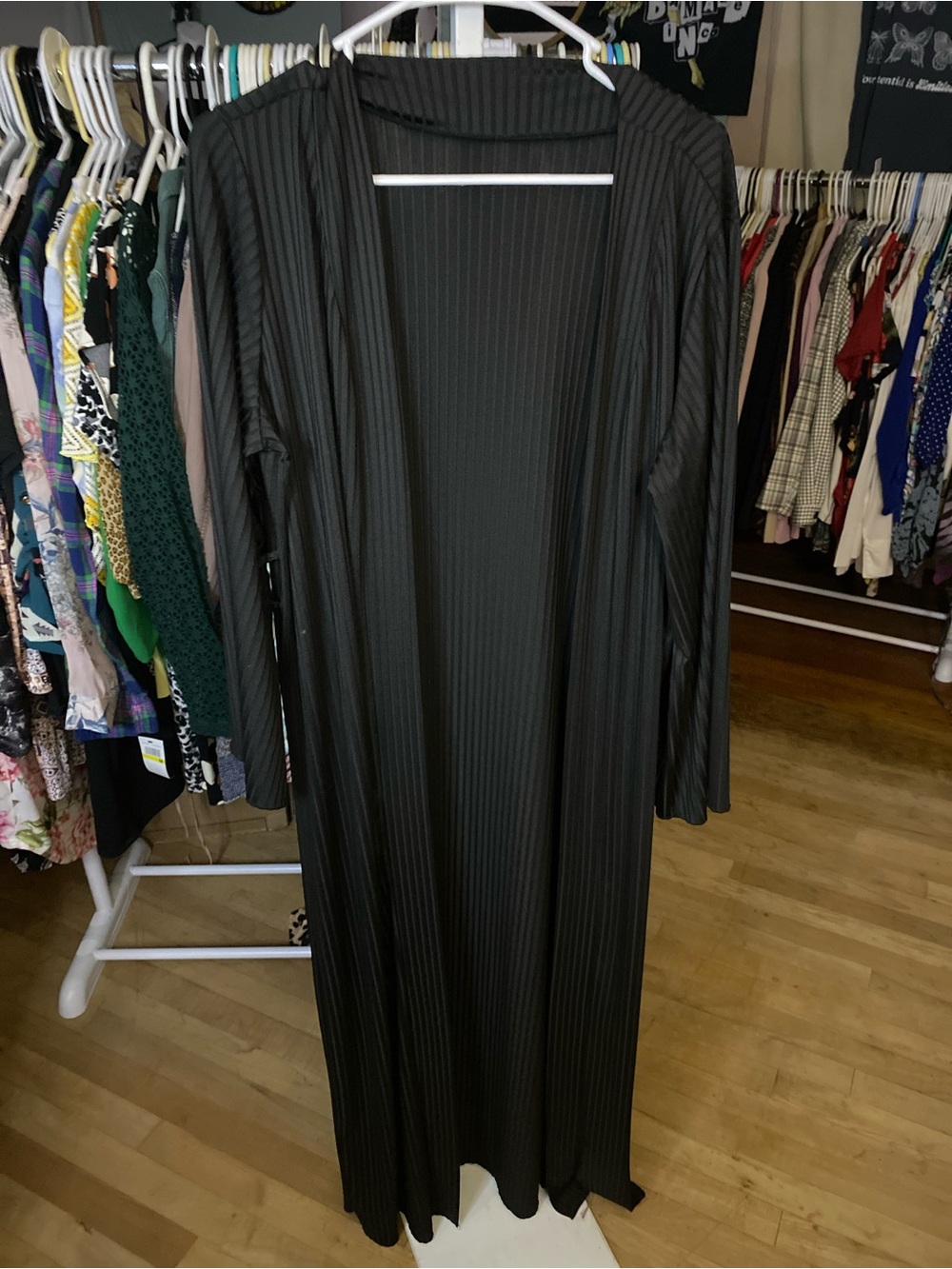 Long Open-Front Ribbed Maxi Cardigan Duster - Black